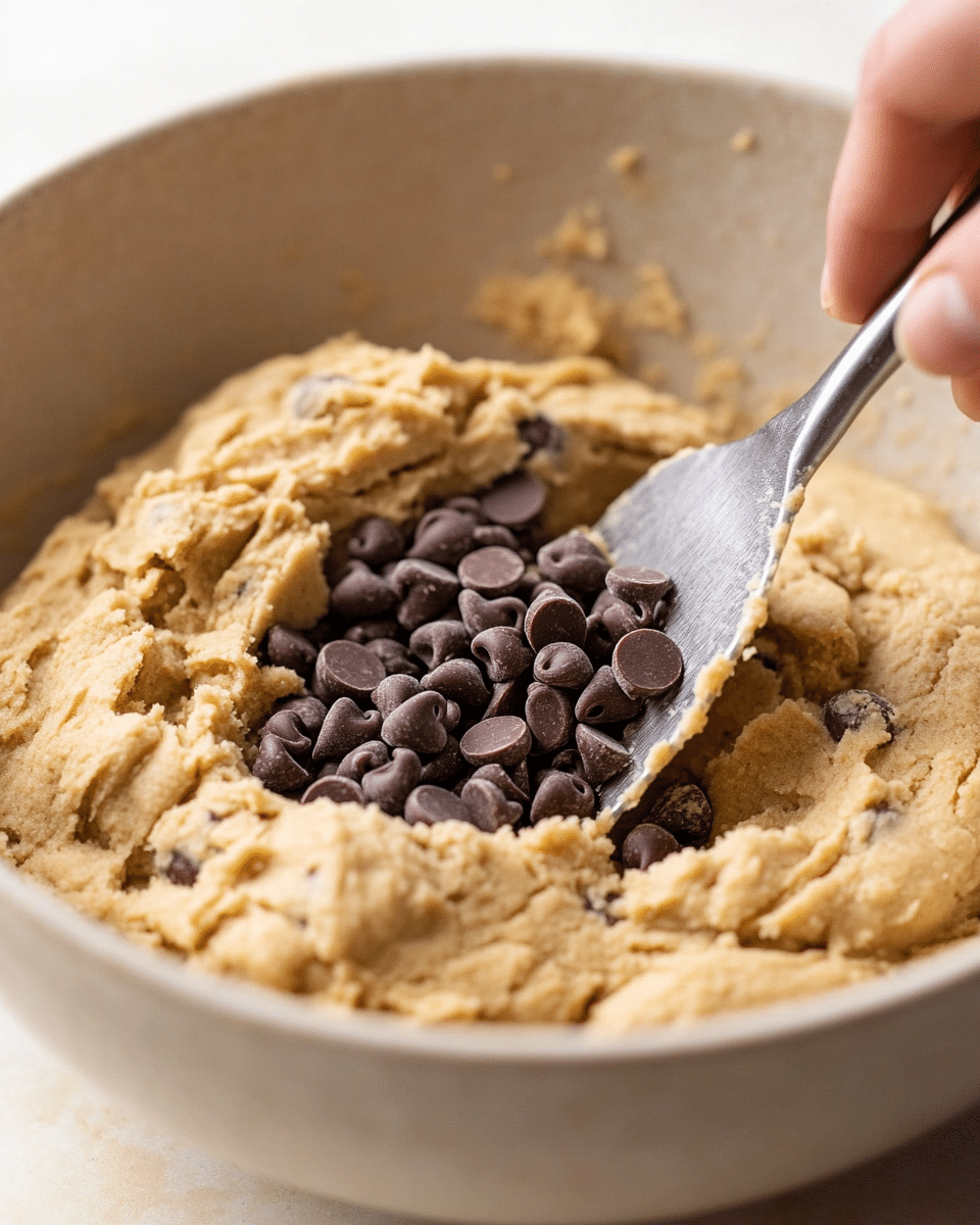 Stirring chocolate chips into sugar free cookie dough mixture