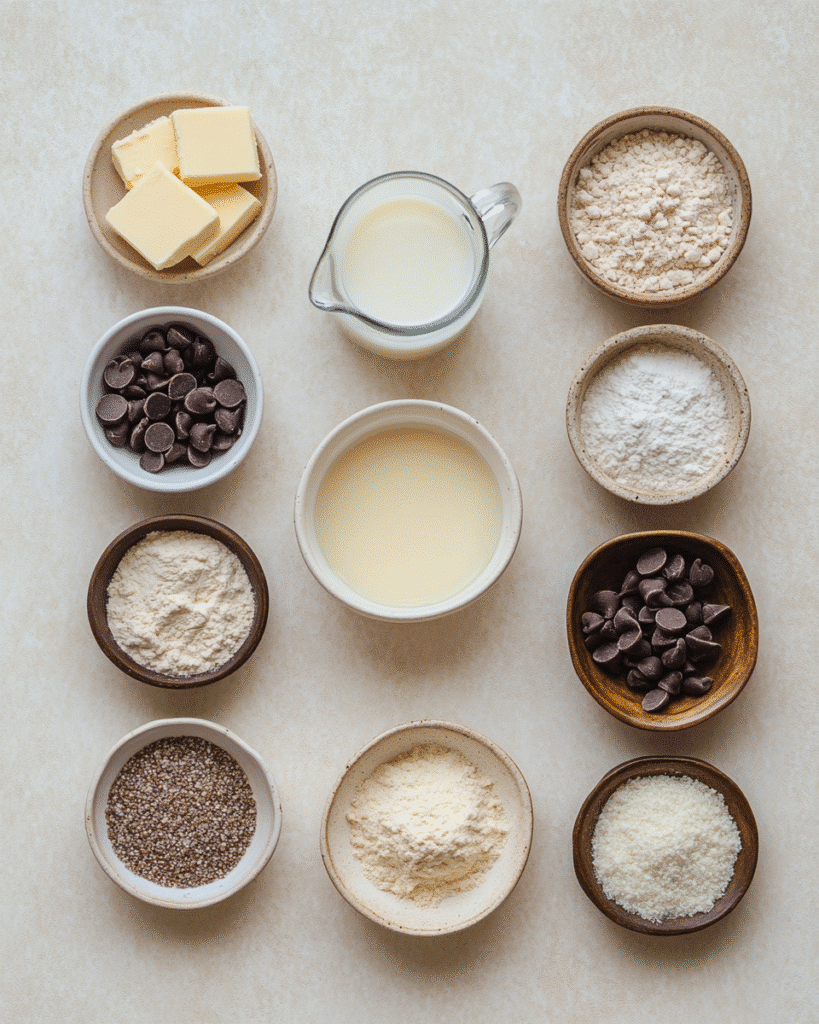 Sugar free cookie dough ingredients in ceramic bowls