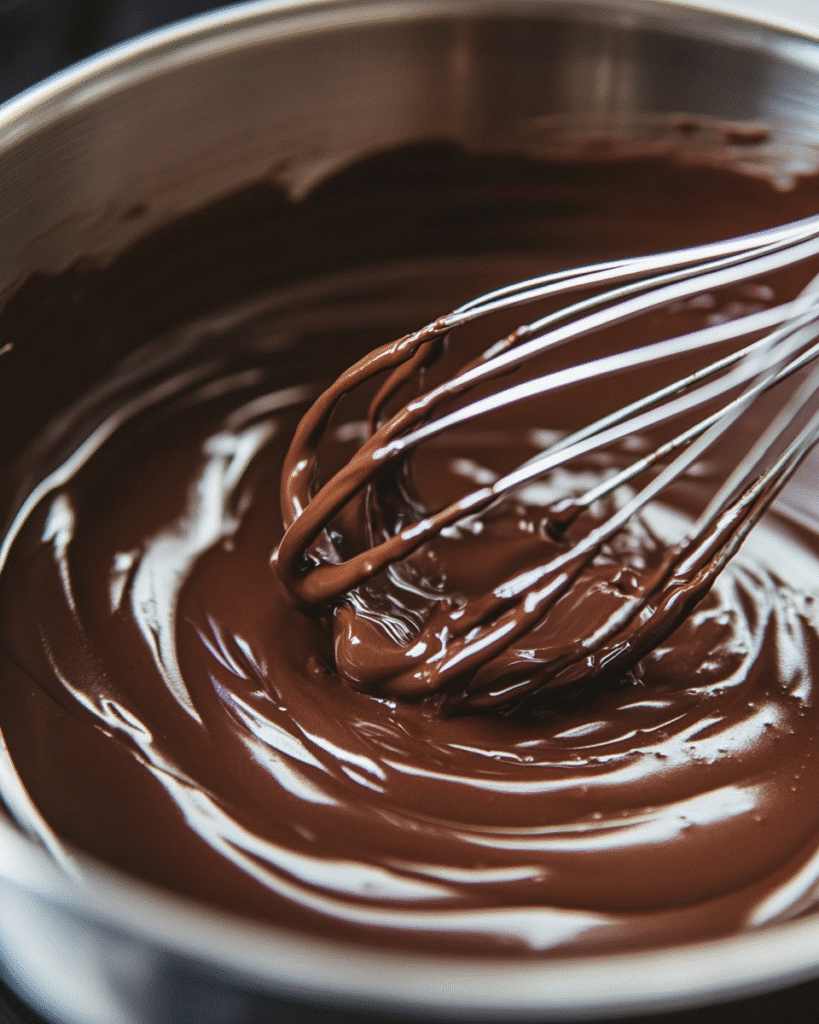 chocolate pudding being cooked and whisked in a saucepan