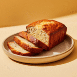 Cottage cheese banana bread loaf sliced on ceramic plate in natural light