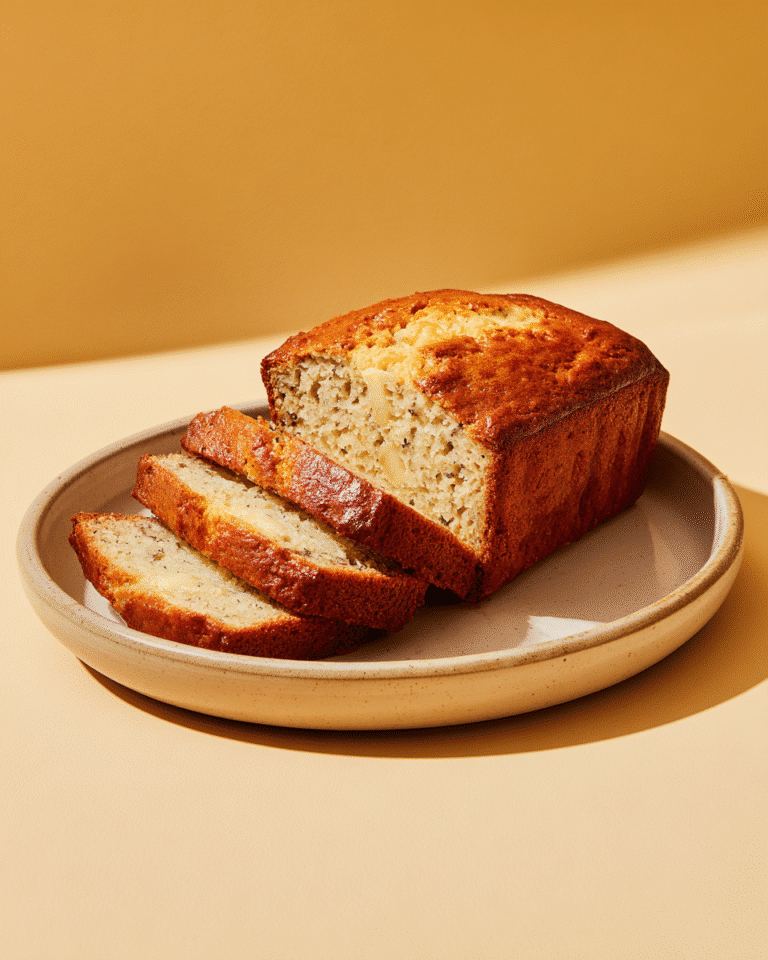 Cottage cheese banana bread loaf sliced on ceramic plate in natural light