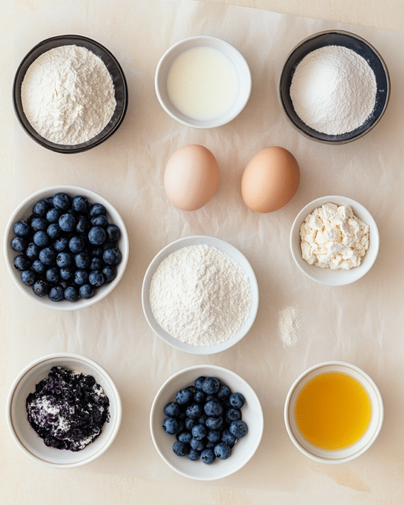 Ingredients for Greek yogurt blueberry muffins in bowls