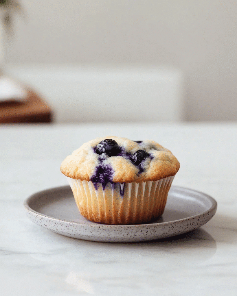 One Greek yogurt blueberry muffin on a ceramic plate