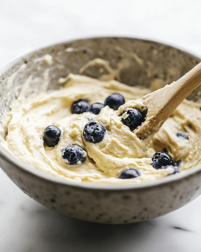 Greek yogurt blueberry muffin batter being mixed
