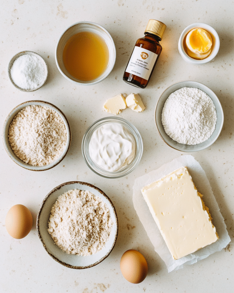 Ingredients for healthy cheesecake recipe laid out on beige counter