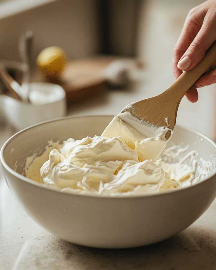 Mixing cream cheese filling for healthy cheesecake recipe