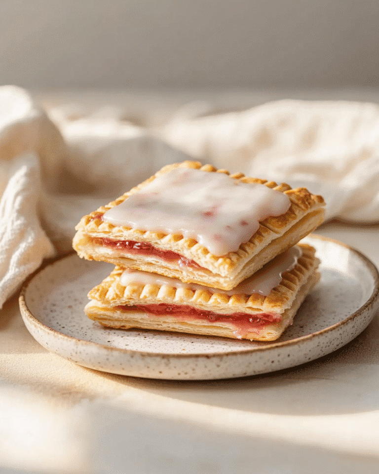 Healthy pop tarts stacked on plate with yogurt glaze and strawberry jam