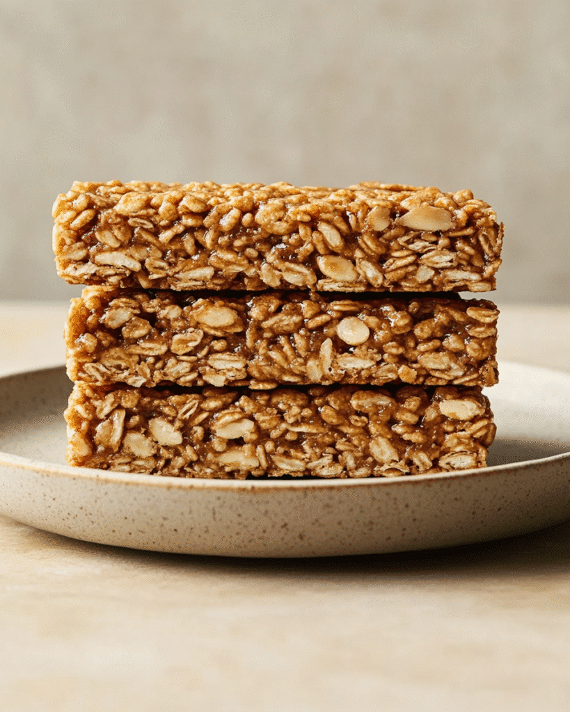 A recipe card-ready image of healthy rice crispy cakes made from puffed rice, almond butter, and maple syrup. Clean, natural lighting and beige background consistent with cozy kitchen style.