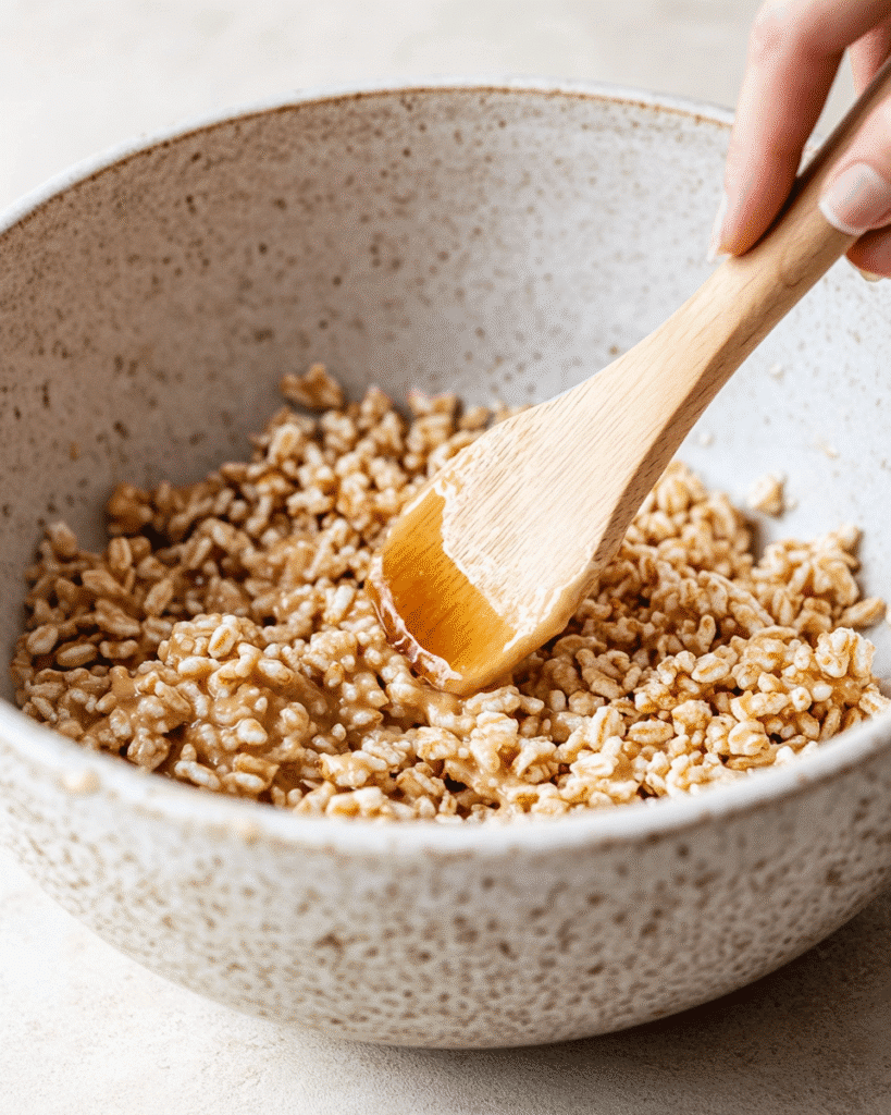 Mixing puffed rice into syrup