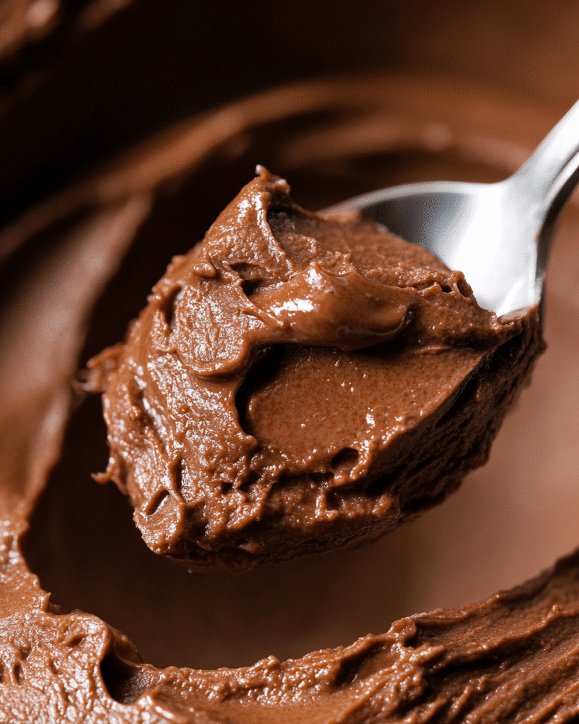 close-up of spoon lifting creamy sugar free chocolate pudding
