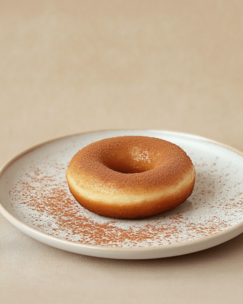 Single sugar free donut on a modern plate with cinnamon dusting