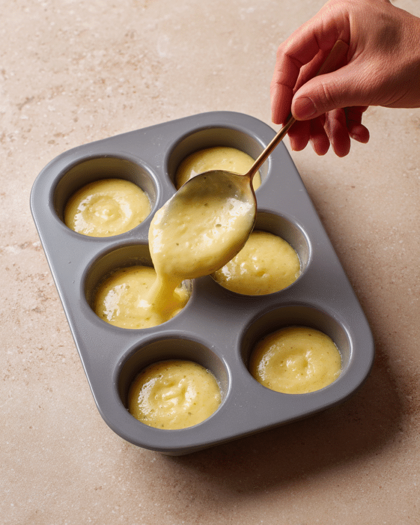 Spooning batter into a donut pan for baking