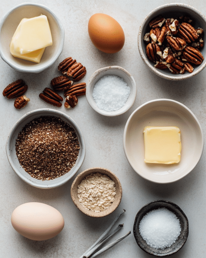 Sugar Free Pecan Pie Recipe – Amazing Diabetic-Friendly Treat (3g Net Carbs) 6 Ingredients for sugar free pecan pie laid out on parchment