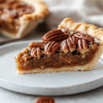 Sugar free pecan pie on ceramic plate with toasted pecans