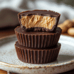 healthy peanut butter cups stacked on ceramic plate