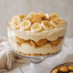 sugar free banana pudding in glass bowl with layers