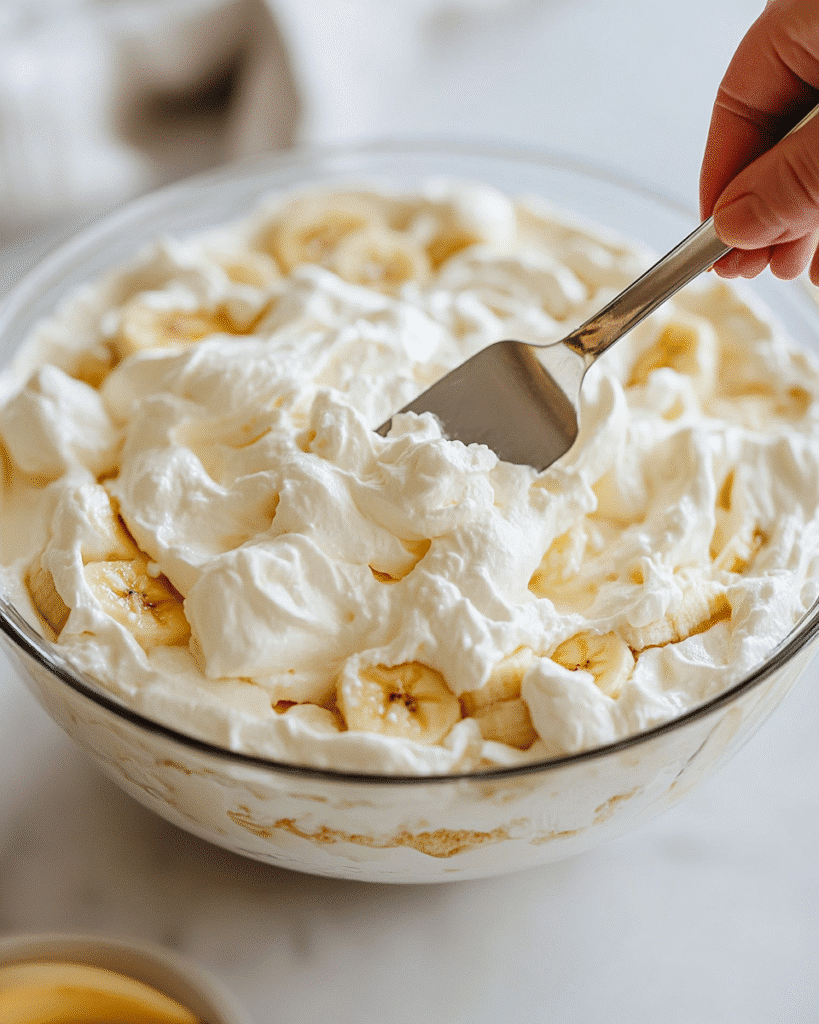 Sugar Free Banana Pudding That Tastes Like the Real Thing 7 adding whipped topping to sugar free banana pudding
