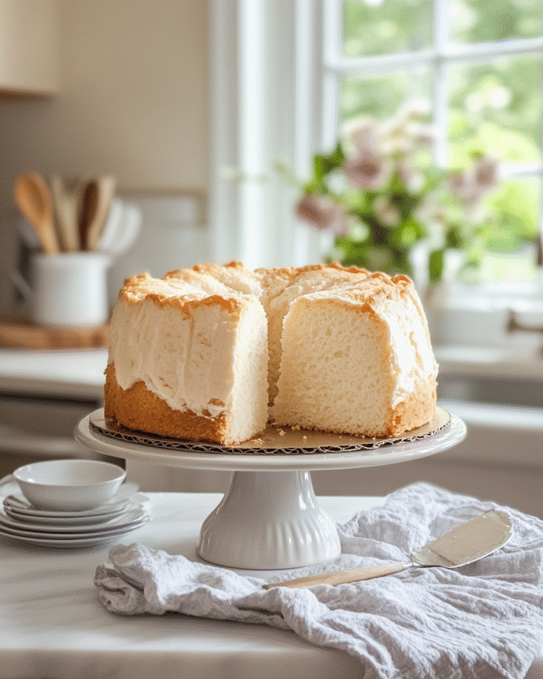 Sugar free angel food cake with golden crust and airy texture