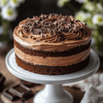 whole sugar free chocolate cake with frosting on wooden stand